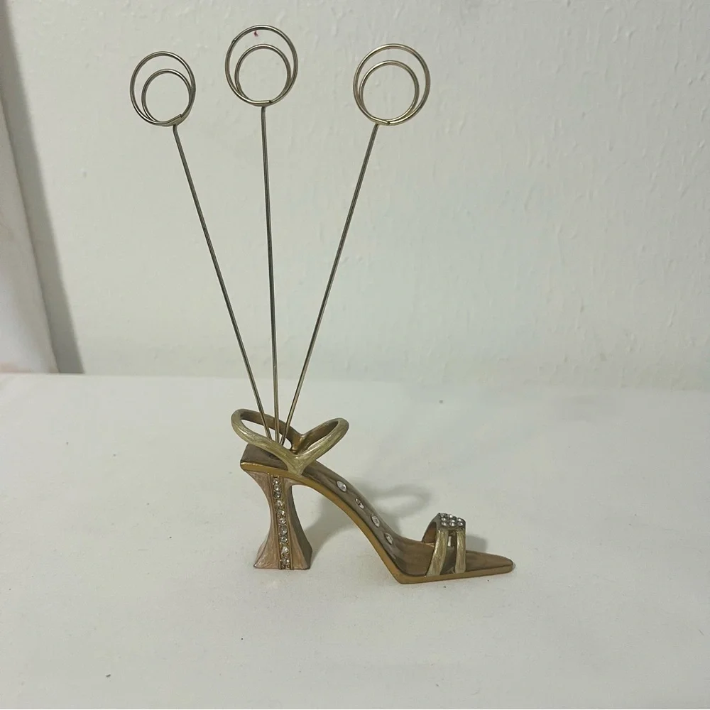 Gold Jeweled Strappy High Heel Sandal Picture Card Memo Clip Holder with Ankle
